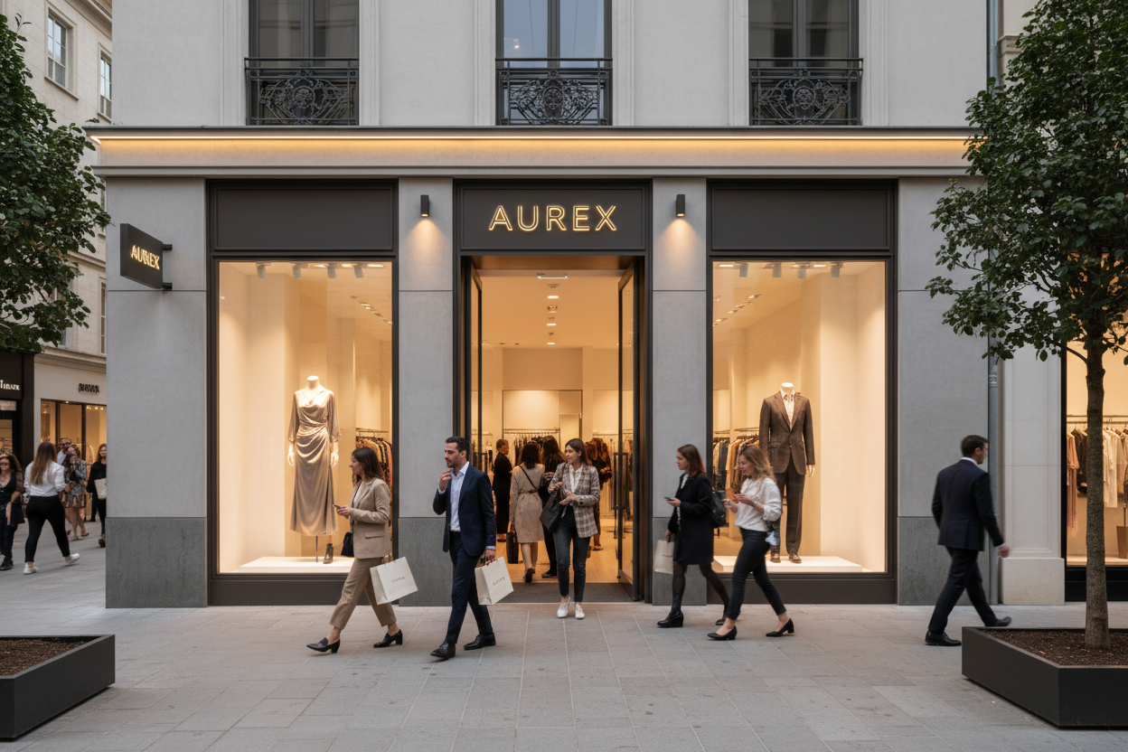 Aurex isimli mağazayı dışarıdan insanların girip çıktığı şekilde göster mağaza class ve sade olsun aynı zamanda giyim mağazası olucak
